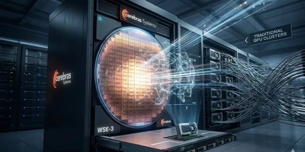 Cerebras wafer-scale AI chip glowing inside a futuristic data center, contrasting traditional GPU clusters in the background.