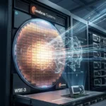 Cerebras wafer-scale AI chip glowing inside a futuristic data center, contrasting traditional GPU clusters in the background.