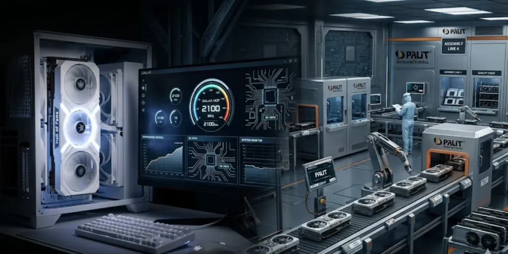 White GALAX Hall of Fame GPU fading into Palit production line representing brand shutdown and operational transfer