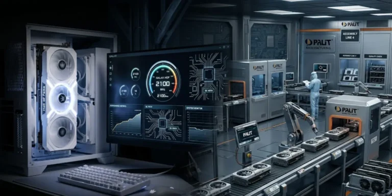 White GALAX Hall of Fame GPU fading into Palit production line representing brand shutdown and operational transfer