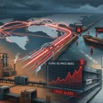 Illustration of global supply chain disruption caused by oil shortages affecting factories, shipping, and consumer goods worldwide