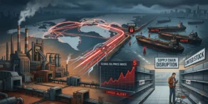 Illustration of global supply chain disruption caused by oil shortages affecting factories, shipping, and consumer goods worldwide