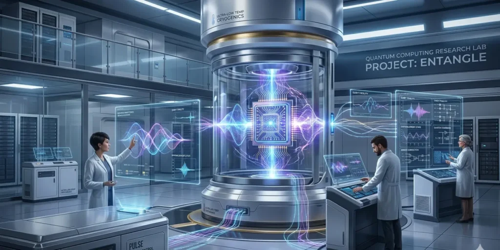 Google Willow quantum processor with qubits and researchers testing advanced quantum computing technology in a lab setting