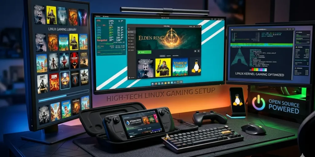 Linux gaming setup showing Steam Deck, Linux PC, and multiple monitors for gaming on Steam