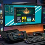 Linux gaming setup showing Steam Deck, Linux PC, and multiple monitors for gaming on Steam