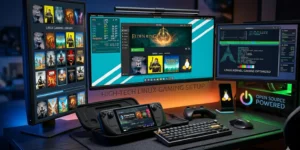 Linux gaming setup showing Steam Deck, Linux PC, and multiple monitors for gaming on Steam