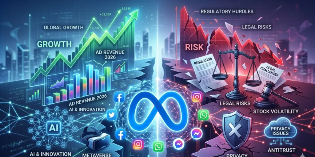 Meta Platforms stock 2026 showing AI growth, legal risks, and digital advertising impact on META share price