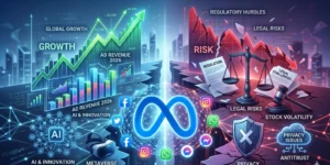 Meta Platforms stock 2026 showing AI growth, legal risks, and digital advertising impact on META share price
