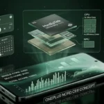 OnePlus Nord CE6 smartphone concept with Geekbench performance data and Dimensity 7400 chipset visuals in a futuristic dark studio setting.