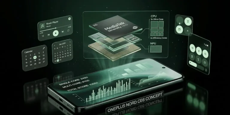 OnePlus Nord CE6 smartphone concept with Geekbench performance data and Dimensity 7400 chipset visuals in a futuristic dark studio setting.