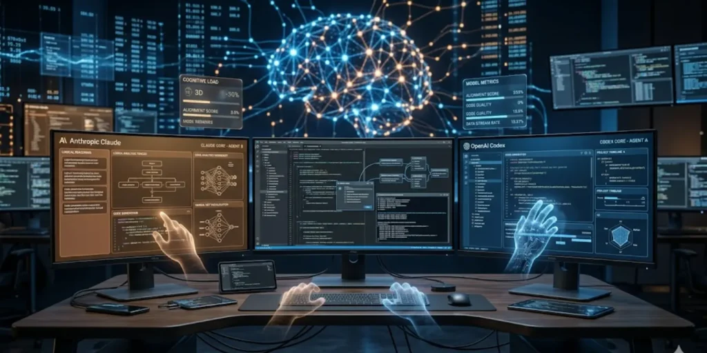 AI coding assistants from OpenAI and Anthropic competing as autonomous agents managing software development workflows on a computer.