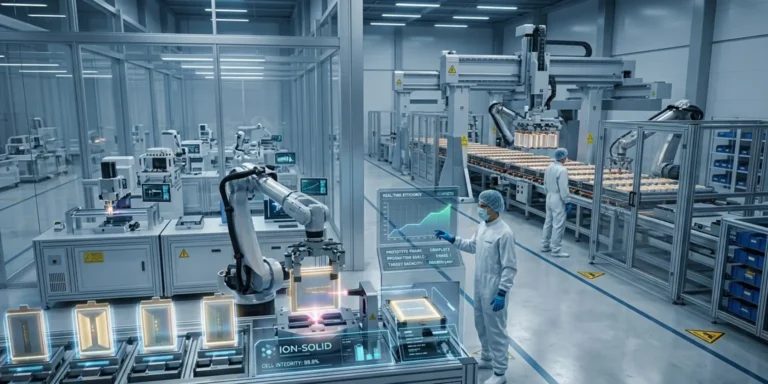 QuantumScape solid-state battery production line showing transition from lab testing to manufacturing facility
