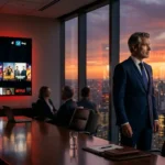 Reed Hastings standing in a modern boardroom with Netflix branding, symbolizing his departure from the company’s board in 2026