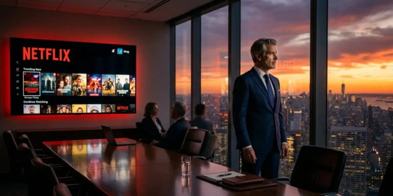 Reed Hastings standing in a modern boardroom with Netflix branding, symbolizing his departure from the company’s board in 2026
