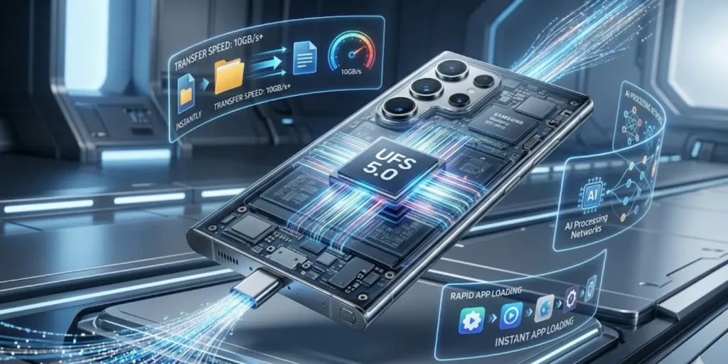 Samsung Galaxy S27 Ultra with glowing data streams and visible internal storage chip representing ultra-fast UFS 5.0 performance.