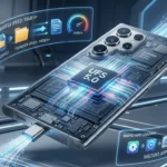 Samsung Galaxy S27 Ultra with glowing data streams and visible internal storage chip representing ultra-fast UFS 5.0 performance.