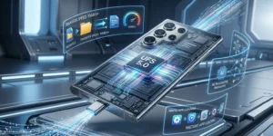 Samsung Galaxy S27 Ultra with glowing data streams and visible internal storage chip representing ultra-fast UFS 5.0 performance.