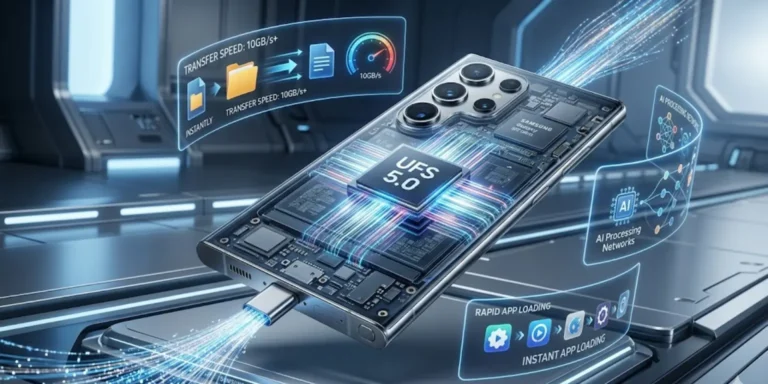 Samsung Galaxy S27 Ultra with glowing data streams and visible internal storage chip representing ultra-fast UFS 5.0 performance.