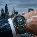 Samsung Galaxy Watch Ultra 2 showing 5G connectivity on a smartwatch display in a futuristic environment