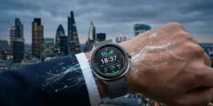 Samsung Galaxy Watch Ultra 2 showing 5G connectivity on a smartwatch display in a futuristic environment