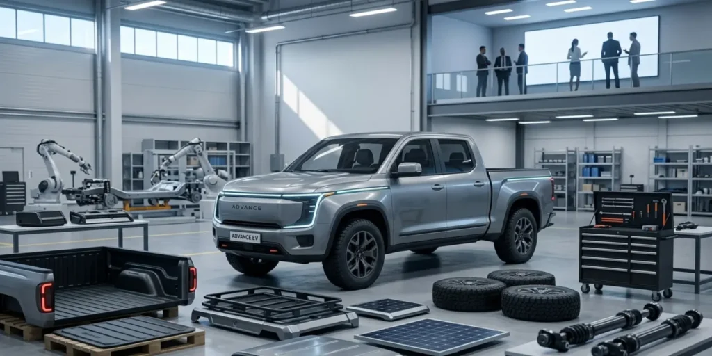 Slate Auto electric truck concept showing affordable modular EV design in factory setting with modern features