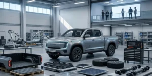 Slate Auto electric truck concept showing affordable modular EV design in factory setting with modern features