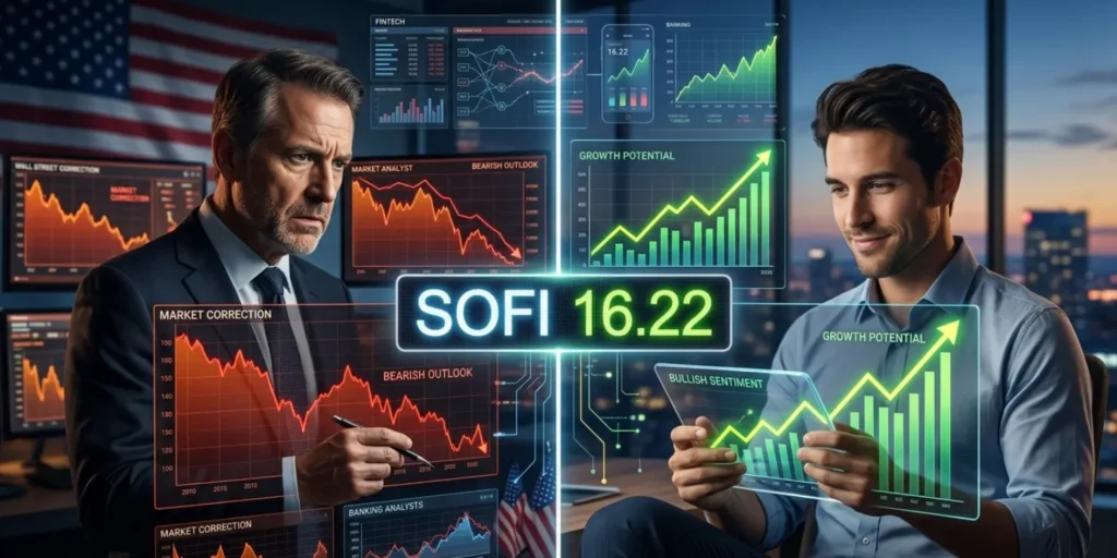 SoFi stock analysis showing bullish vs bearish sentiment with financial charts and SOFI price at $16.22