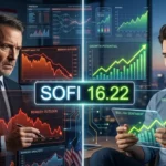 SoFi stock analysis showing bullish vs bearish sentiment with financial charts and SOFI price at $16.22