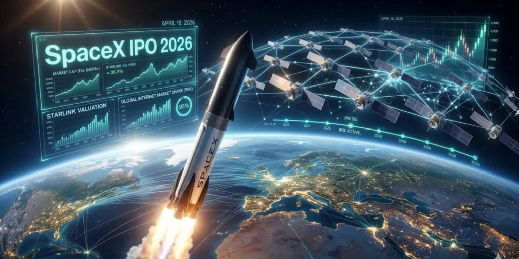 SpaceX Starship launching into orbit with Starlink satellite network and AI data overlays surrounding Earth, representing the SpaceX IPO 2026 ecosystem.