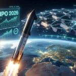 SpaceX Starship launching into orbit with Starlink satellite network and AI data overlays surrounding Earth, representing the SpaceX IPO 2026 ecosystem.