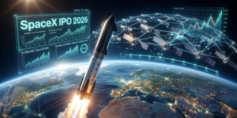 SpaceX Starship launching into orbit with Starlink satellite network and AI data overlays surrounding Earth, representing the SpaceX IPO 2026 ecosystem.