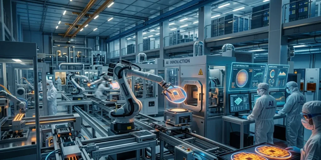 TSMC semiconductor fab producing advanced AI chips with robotic automation and glowing silicon wafers