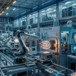 TSMC semiconductor fab producing advanced AI chips with robotic automation and glowing silicon wafers