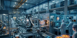 TSMC semiconductor fab producing advanced AI chips with robotic automation and glowing silicon wafers