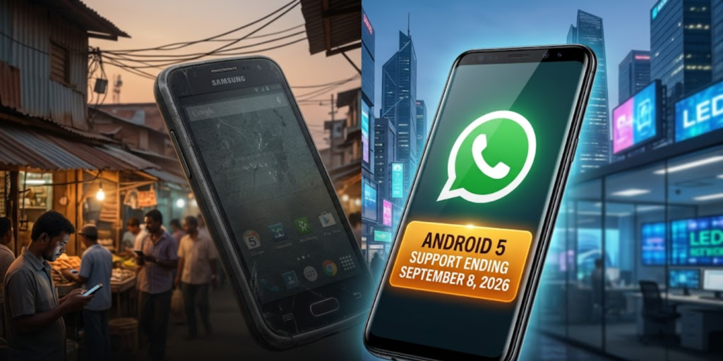 Old Android 5 phone showing WhatsApp shutdown warning next to modern smartphone indicating update requirement for 2026 support cutoff