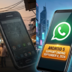 Old Android 5 phone showing WhatsApp shutdown warning next to modern smartphone indicating update requirement for 2026 support cutoff