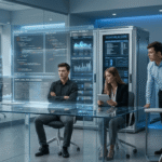 Artificial intelligence-powered workplace with a broken career ladder symbolizing the loss of entry-level job training opportunities.