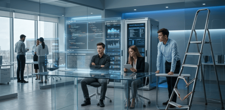 Artificial intelligence-powered workplace with a broken career ladder symbolizing the loss of entry-level job training opportunities.