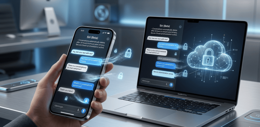 Apple Siri AI assistant interface with disappearing chat messages, privacy lock symbols, and futuristic digital security graphics.