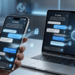 Apple Siri AI assistant interface with disappearing chat messages, privacy lock symbols, and futuristic digital security graphics.
