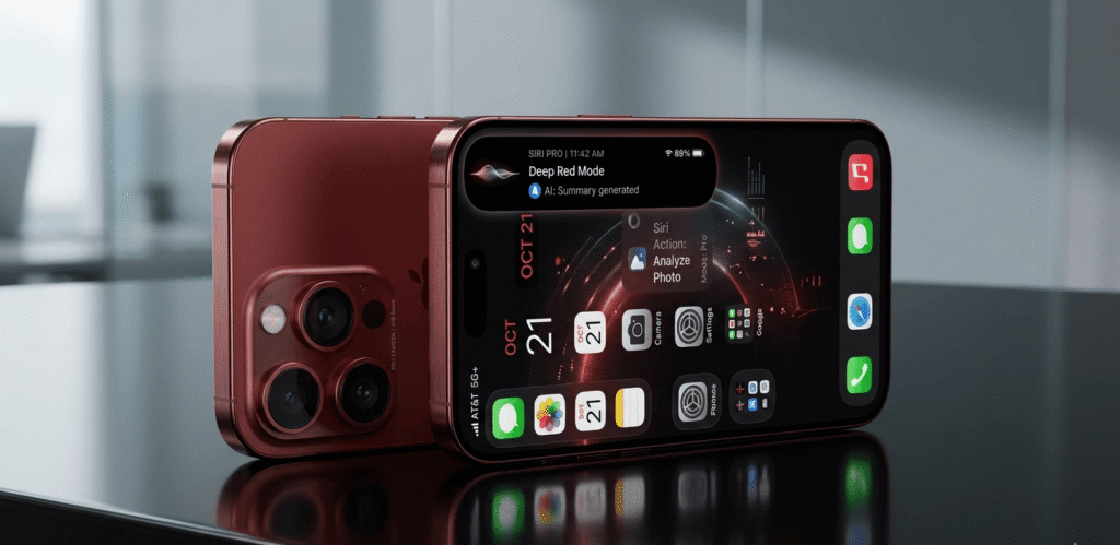 Apple iPhone 18 Pro concept showing smaller Dynamic Island, triple-camera system, and premium deep red design.