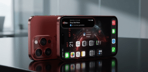 Apple iPhone 18 Pro concept showing smaller Dynamic Island, triple-camera system, and premium deep red design.