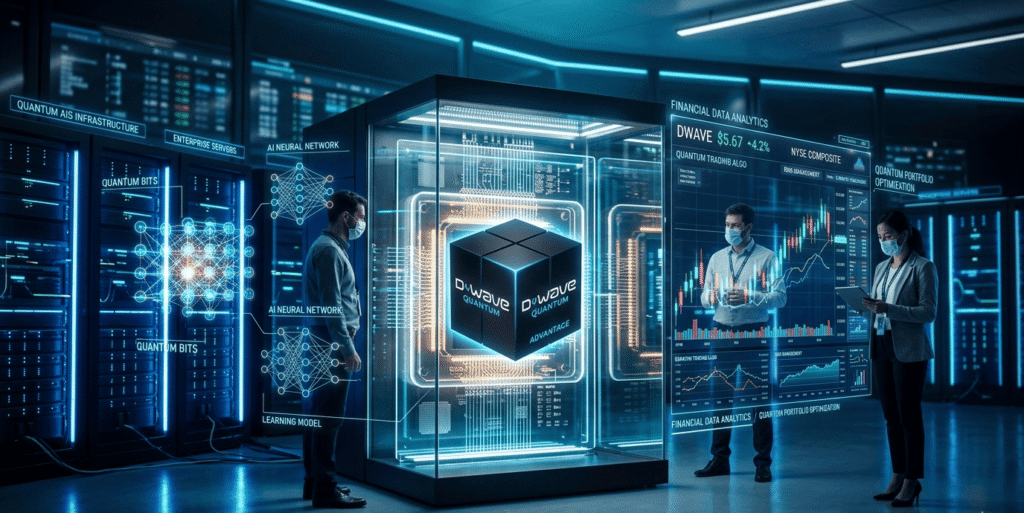 QBTS with AI graphics and stock market visuals representing D-Wave Quantum’s commercialization strategy.