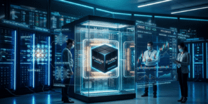 QBTS with AI graphics and stock market visuals representing D-Wave Quantum’s commercialization strategy.