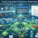 Google AI search interface with startup SEO analytics, declining website traffic charts, and automated AI agents.