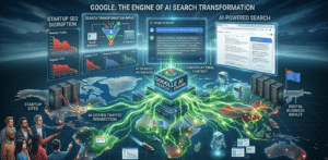Google AI search interface with startup SEO analytics, declining website traffic charts, and automated AI agents.
