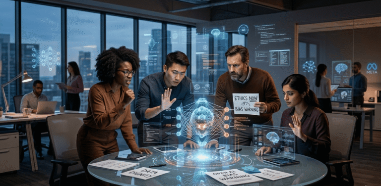 Google DeepMind employees discussing AI ethics and unionization in a modern office setting