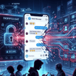 Instagram messaging interface with broken encryption lock, AI data streams, and surveillance-themed digital graphics.