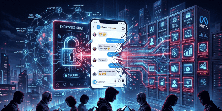 Instagram messaging interface with broken encryption lock, AI data streams, and surveillance-themed digital graphics.