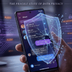 Smartphone displaying Instagram direct messages with broken encryption symbols representing privacy and surveillance concerns.